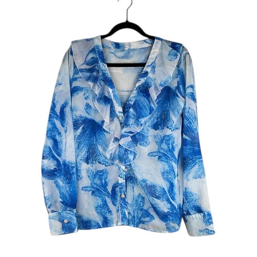 Blue & White Snakeskin Sheer Ruffle Neckline Pearl Button Top Size Small